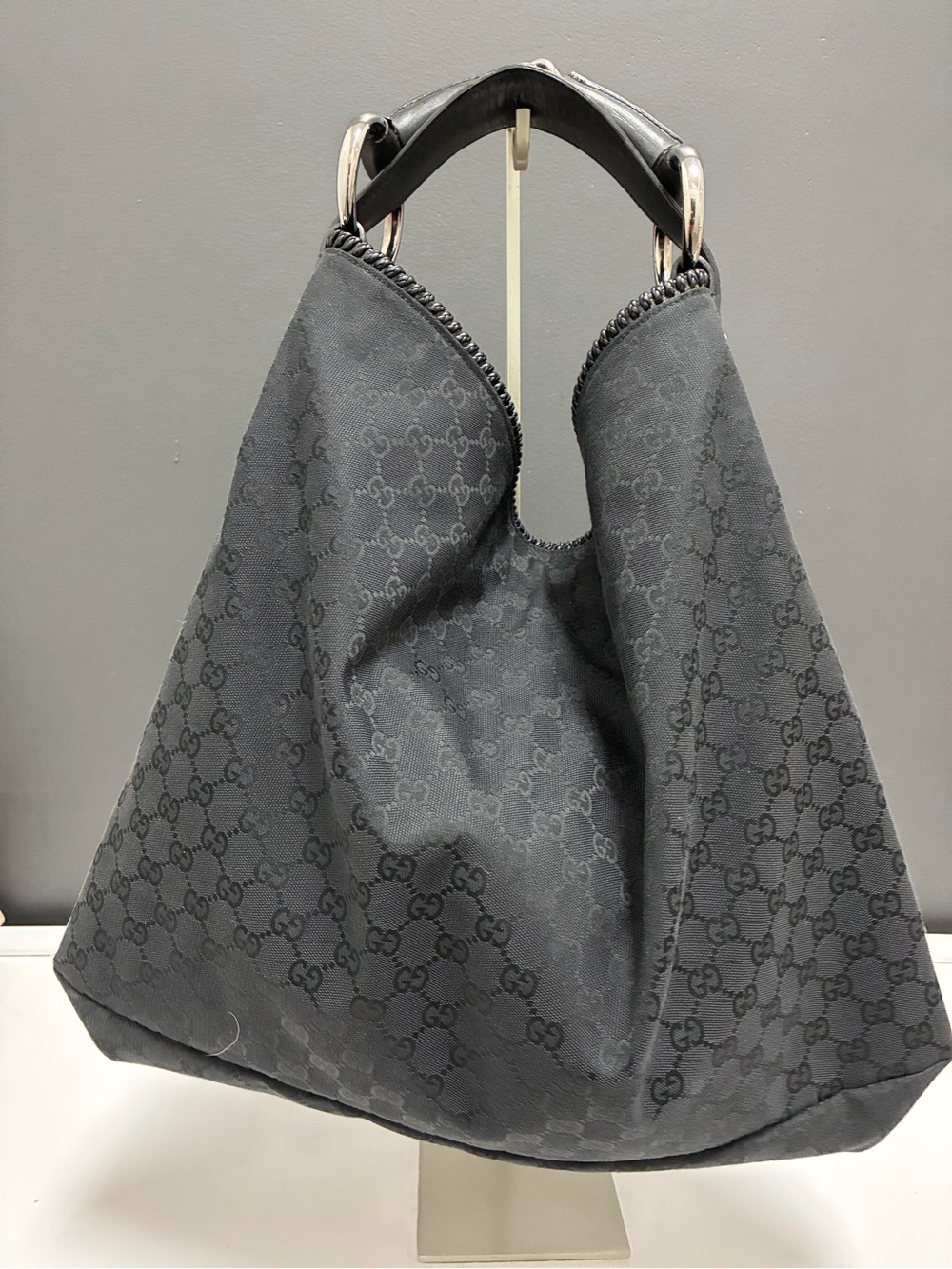 Authentic Gucci Black Monogram Jacquard Horsebit Large Hobo Bag